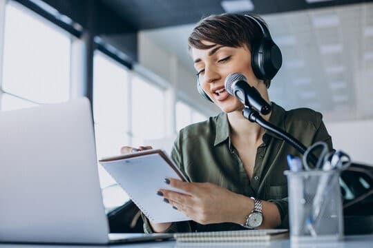 Interpreter speaking into a headset microphone